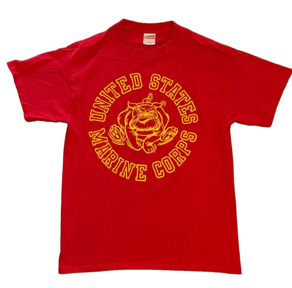 Vintage USMC Marine Corps Bulldog T-Shirt Mens Medium Red 2-sided Made USA Soffe